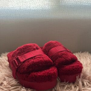 UGG Red Fluffy Slide Platform Sandals